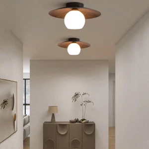 Asian Style Walnut Semi Flush Mount Ceiling Light Single Bulb Corridor Lighting - Picture 1 of 8