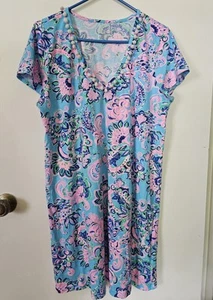 LILLY PULITZER XL Kleid, Bommeln Flügelärmel, Tropical Pink Blau, V-Ausschnitt - Bild 1 von 7
