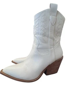 Rowdy White Leather Mid Cowgirl Boots Size 6 - Picture 1 of 5