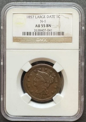 Nice 1857 Braided Hair N-1 Large Date Large Cent NGC AU 55 BN. Free US Shipping - Image 1 of 4