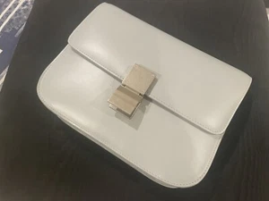 New Authentic Celine Smooth Leather Medium Classic Box Flap Silver HW Fog Color - Picture 1 of 10