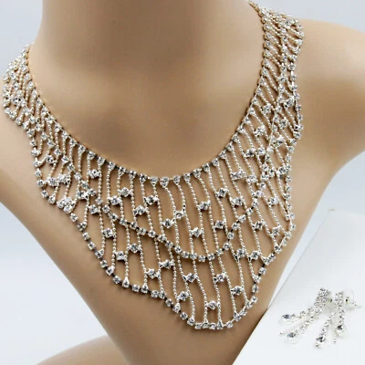 Schmuckset Funkelndes Strass Collier Kette Ohrringe Silber Braut Hochzeit ts 61 - Bild 1 von 4