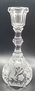Crystal Glass Candle Stick Carved Glass Hood Etched Flowers Ruffled Bottom - Picture 1 of 5