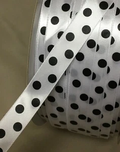 10  YDS. WHITE with BLACK DOTS SINGLE FACE SATIN RIBBON   5/8" w - Picture 1 of 1