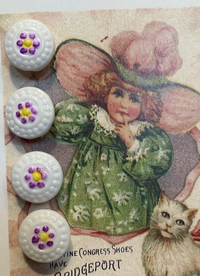 Set of 4 Vintage 5/8" Lavender flower dot Painted Glass Buttons~NOS - Image 1 of 1