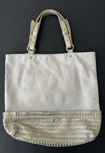 Elliott Lucca Cartagena Tote Shoulder Bag Ivory Leather Woven Metallic Gold Big - Picture 1 of 14