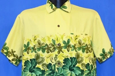 Camisa vintage anos 50 ALOHA HAVAIANA TOGS AMARELO VERDE HIBISCO FLOR LAÇO COLARINHO M - Imagem 1 de 4