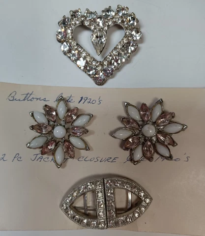 Antique 1920s Milk Glass Rhinestone Paste Buttons Buckle Metal Shanks Cover