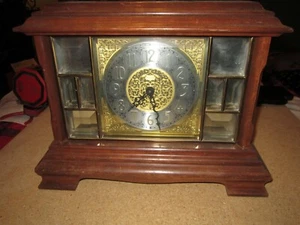 Vintage Ansonia Gold Medallion Chiming Oak Brass Beveled Glass Mantel Clock - Picture 1 of 12