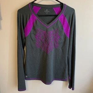 Athleta Active Shirt Womens S Gray Purple Floral Embroidered Athletic Gym Yoga - Picture 1 of 14