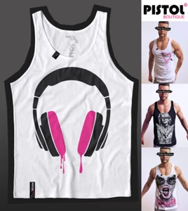 Pistol Boutique men's White HEADPHONES DRIBBLE Music Singlet Vest Top Tank - Picture 1 of 13