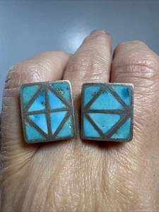 Vintage Südwesten Türkis Inlay Sterlingsilber Manschettenknöpfe geometrischer Schmuck Boho - Bild 1 von 11