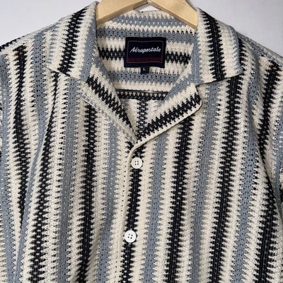 Aeropostale 男式领纹理编织上衣条纹大号纽扣T恤 — 第 1/4 张图片