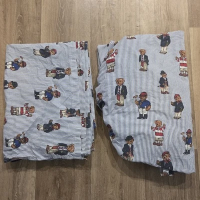 Ralph Lauren плюшевый медведь в полоску Twin простыни комплект плоский и резинке синий белый винтажный  - Изображение 1 из 4