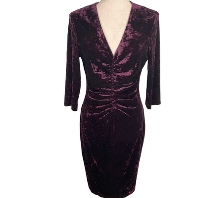 Julian Taylor Dress Womens 10 Plum Crushed Velvet Plunge Ruched Sexy Bodycon - Image 1 of 4