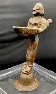 Antique Bronze Oil Lamp Hindu Goddess 5" Tall - Picture 1 of 7
