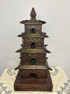 Rare Find Bombay Pagoda Artwork Bird House Decor Metal & Wood 4 Story 20" - Picture 1 of 15