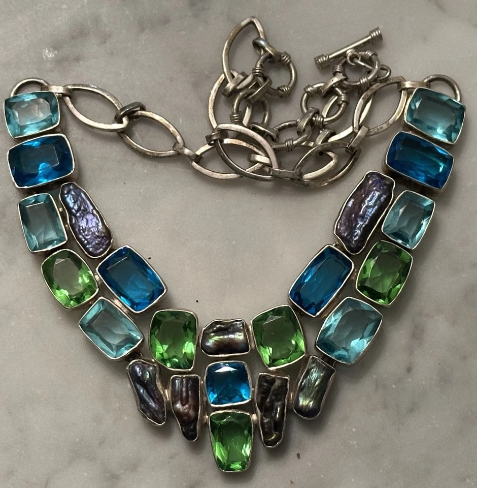 Collar Artesanal Aguamarina Peridoto Amatista Topacio Azul Piedra Grueso Plata 925 Foto 1 de 4