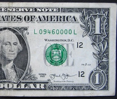 2013 $1 (ONE DOLLAR) - NOTE - SERIAL NUMBER - FIVE 0's, TRAILING QUAD 0000, L/L - Image 1 of 3