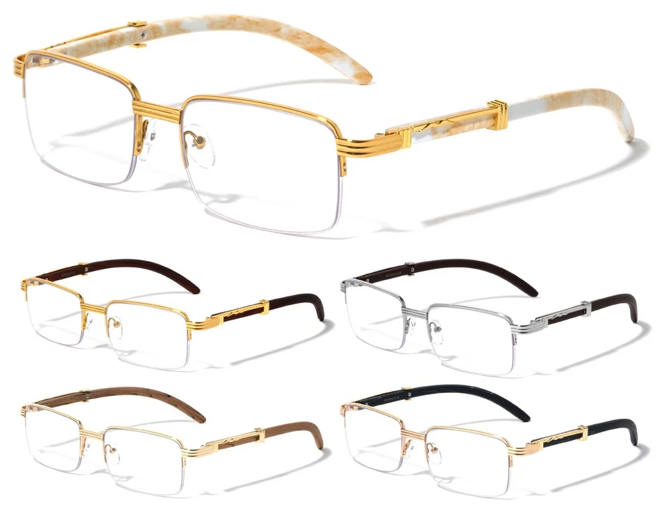 SLIM SEMI RIMLESS METAL FAUX WOOD CLEAR LENS SUNGLASSES RETRO DESIGNER FASHION - Image 1 of 1