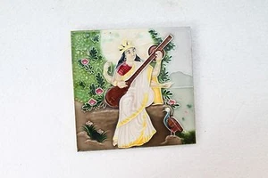 TILE SAJI JAPAN SARASWATI RAJA RAVI VARMA PAINTING SUBJECT ART MAJOLICA NH3286 - Picture 1 of 10