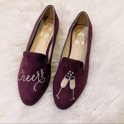 C. Wonder Stevie Borgoña Terciopelo Saludos y Copas de Champagne Bordadas Planas Foto 1 de 4