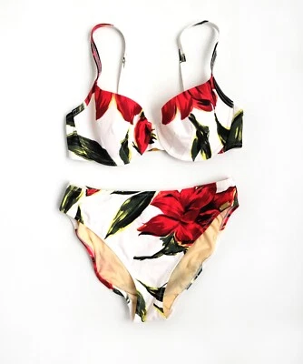 Bikini Maryan Mehlhorn con aros estampado floral, blanco con flores rojas, UK12 Foto 1 de 3