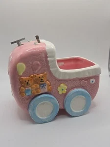 Caja de música cochecito de bebé vintage 1986 osos de peluche globos flores rosa azul - Imagen 1 de 4