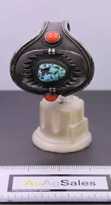 Native American Sterling Large Cuff Bracelet Coral & Turquoise - Image 1 of 3