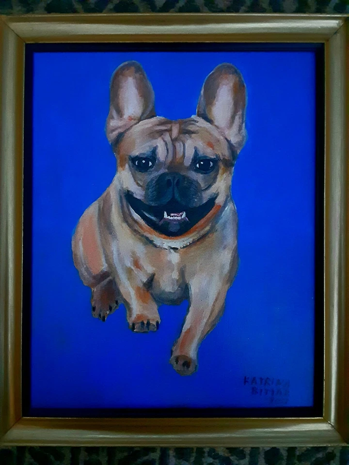 Pintura Katrina Bittar "Running Pug" 8"x 10" Acílico sobre Placa con Marco Foto 1 de 1
