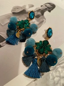 Latoir Instagram Jade Green Gold Tassel Fringe Pom Pom Beaded Statement Earrings - Picture 1 of 3