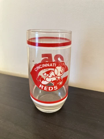 Vintage Cincinnati Reds Baseball Drinking Glass LOCAL RADIO PROMO Mr. Red Mascot Cover