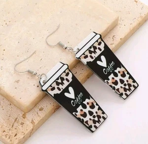 New Fun Love❤️Coffee Leopard Print Take Out Cup Kawaii Earrings - Picture 1 of 4
