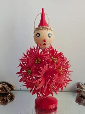 Boneco/ornamento vintage Santa Pixie plástico Poinsétia Starburst corpo-Hong Kong - Imagem 1 de 4