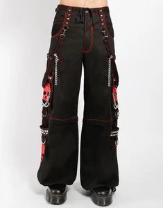 Gothic Skull Pants Black Red – Zip-Off, Chains, Studs, D-Rings, Unisex - Picture 1 of 5