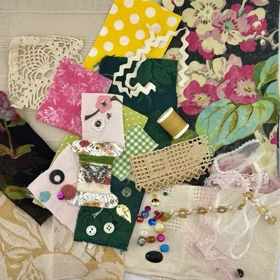 Slow Stitch Pink Green Yellow Kit Embroidery Vintage Trim Lace Floss Scrap Craft - Image 1 of 4