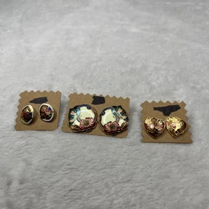 Lot 3 Pair Cloisonné Earrings Floral Heart Oval Circle Shaped - Picture 1 of 14