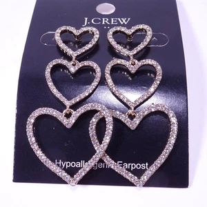 J.Crew Women's Silver Crystal Pave Happy Hearts Triple Drop Earrings NWT 78 - Picture 1 of 8