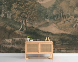 Big Green Trees Hills Rustic Retro Landscape Vintage Wallpaper Murals - Picture 1 of 10