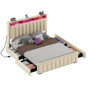 King Queen Full Size Bed Frame LED Headboard Storage Drawers & Charging Station - Picture 1 of 30