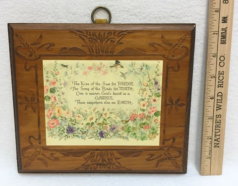 Framed Poem Decoupage Picture Wooden Wall Hanging God Garden Earth Sun Vintage Cover