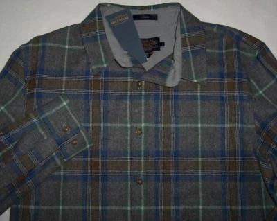 Camisa LODGE Pendleton gris jaspeado/azul/marrón a cuadros 100 % lana virgen para hombre L nueva con etiquetas Foto 1 de 3