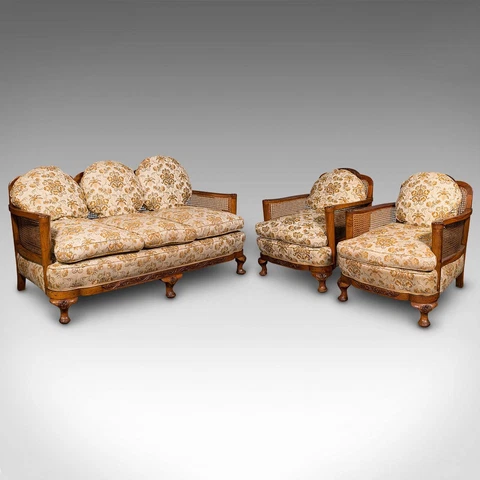 Antique Bergere Sofa Suite, English, Walnut, 3 Seat Settee, Armchair, Edwardian Cover