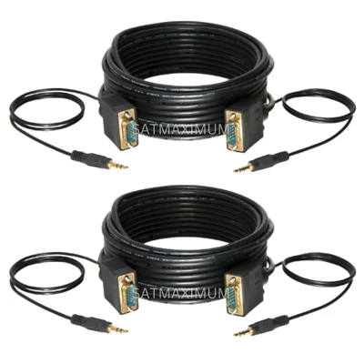 2 pcs 50FT SVGA Super VGA 3.5mm Aux Cable Audio Video Male to Male Monitor - Image 1 of 4