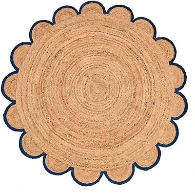 Jute Rug Latest Design Round Area Rug Living Room Rug Braided Jute Beige Blue - Image 1 of 4