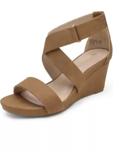 DREAM PAIRS Women's Elastic Ankle Strap Low Wedge Sandals, Camel, 8.5 - Picture 1 of 6