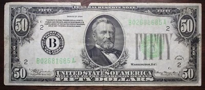 1934-B $50 Federal Reserve Note New York Fr.2102 B Details Stained Damaged P15 - Image 1 of 2