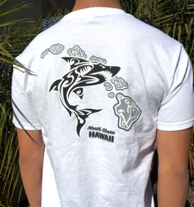 Hawaiian Hawaii Surfing Beach White T-shirt Tribal Shark Island Chain Map - Picture 1 of 4