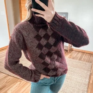 DKNY Wool Mohair Blend Maroon Checkered Knit Designer Turtleneck Sweater SAMPLE - Picture 1 of 6