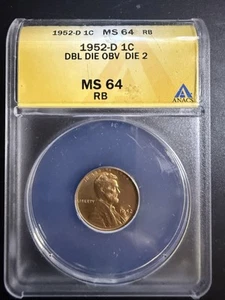 1952-D Lincoln Cent - ANACS Graded Ms64 RD - B50204 - Picture 1 of 2
